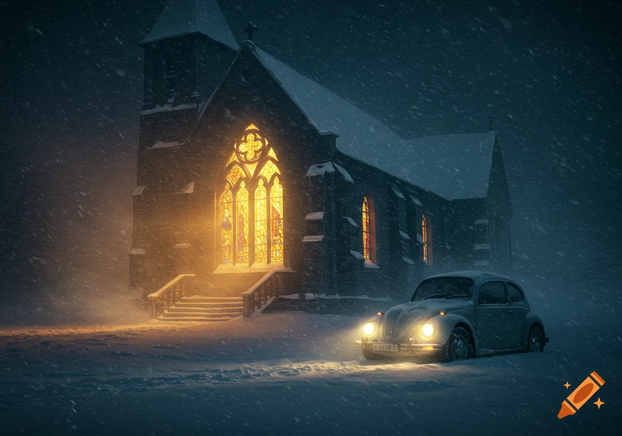 A church and a Volkswagen Beetle in a snowstorm at night