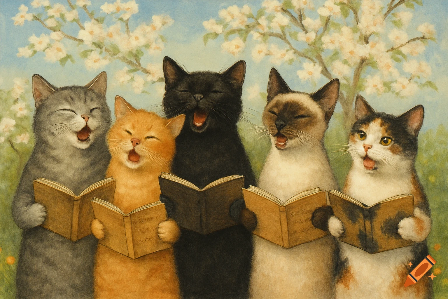 Five cats are singing from music books under a blossoming tree.