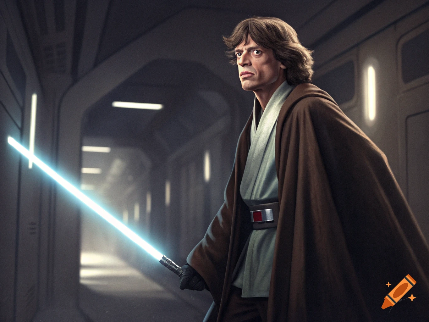 Mick Jagger as a Jedi knight holds a lightsaber in a spaceship corridor.