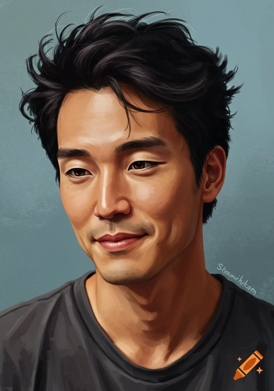 Portrait of a young East Asian man smiling slightly against a blue background.