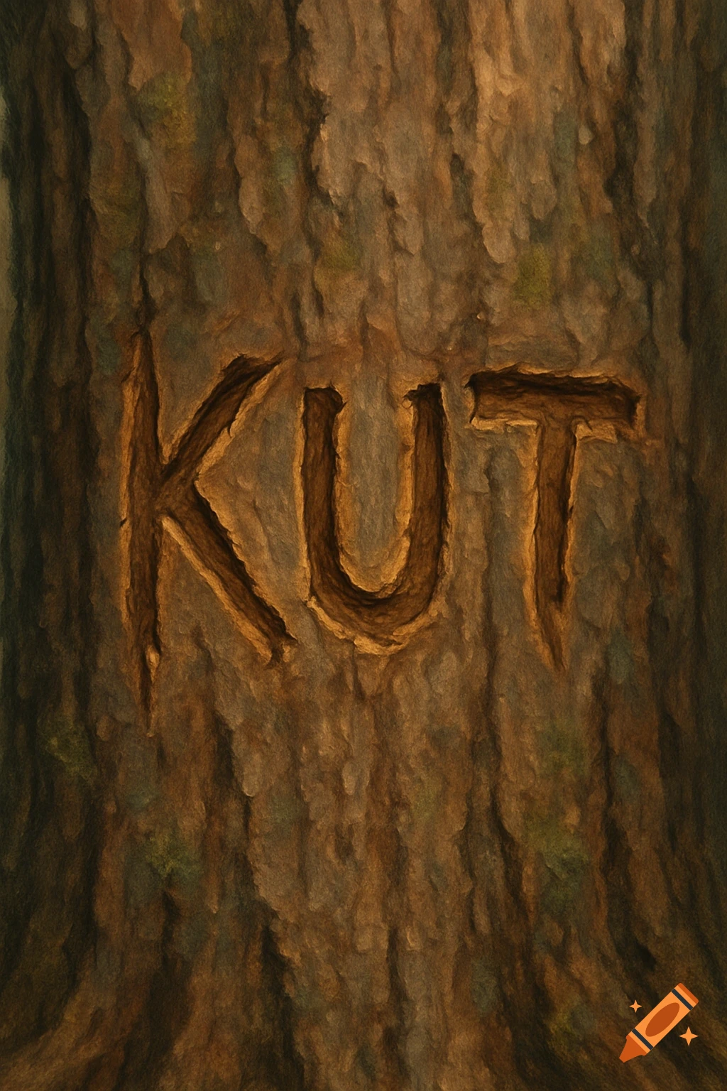 The word KUT carved into brown tree bark.