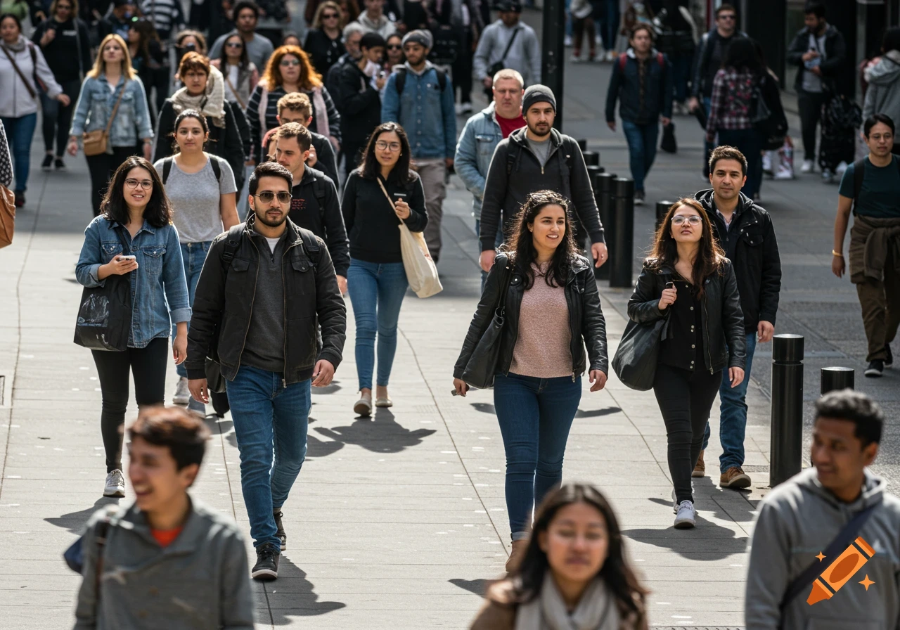 Diverse crowd of people walking on a sunny city street.