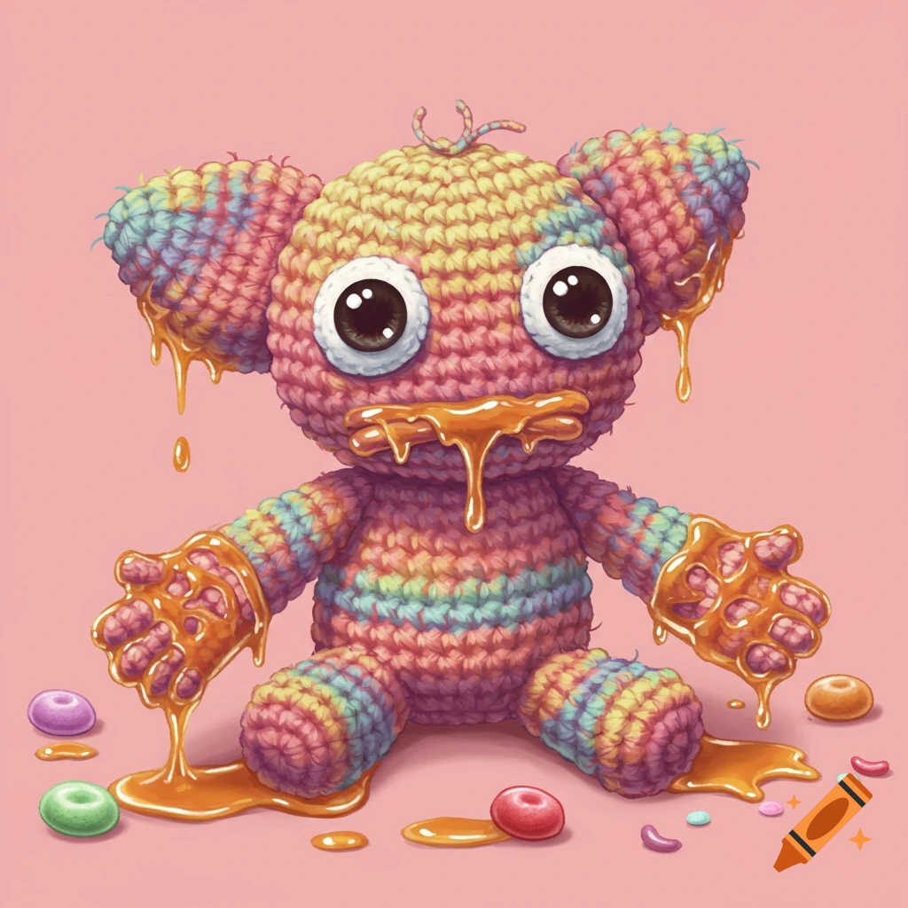 A rainbow crochet plush toy covered in dripping golden syrup sits surrounded by scattered colorful candy.