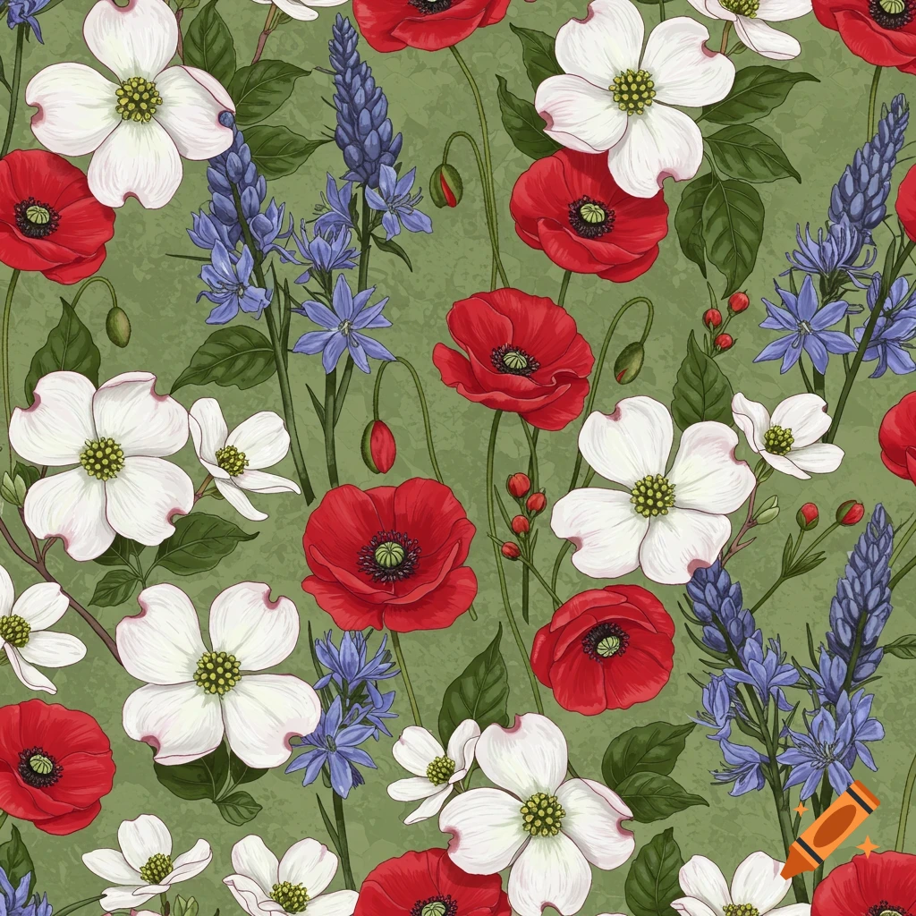 Seamless floral pattern with white dogwood flowers, red poppies, and blue camas flowers.