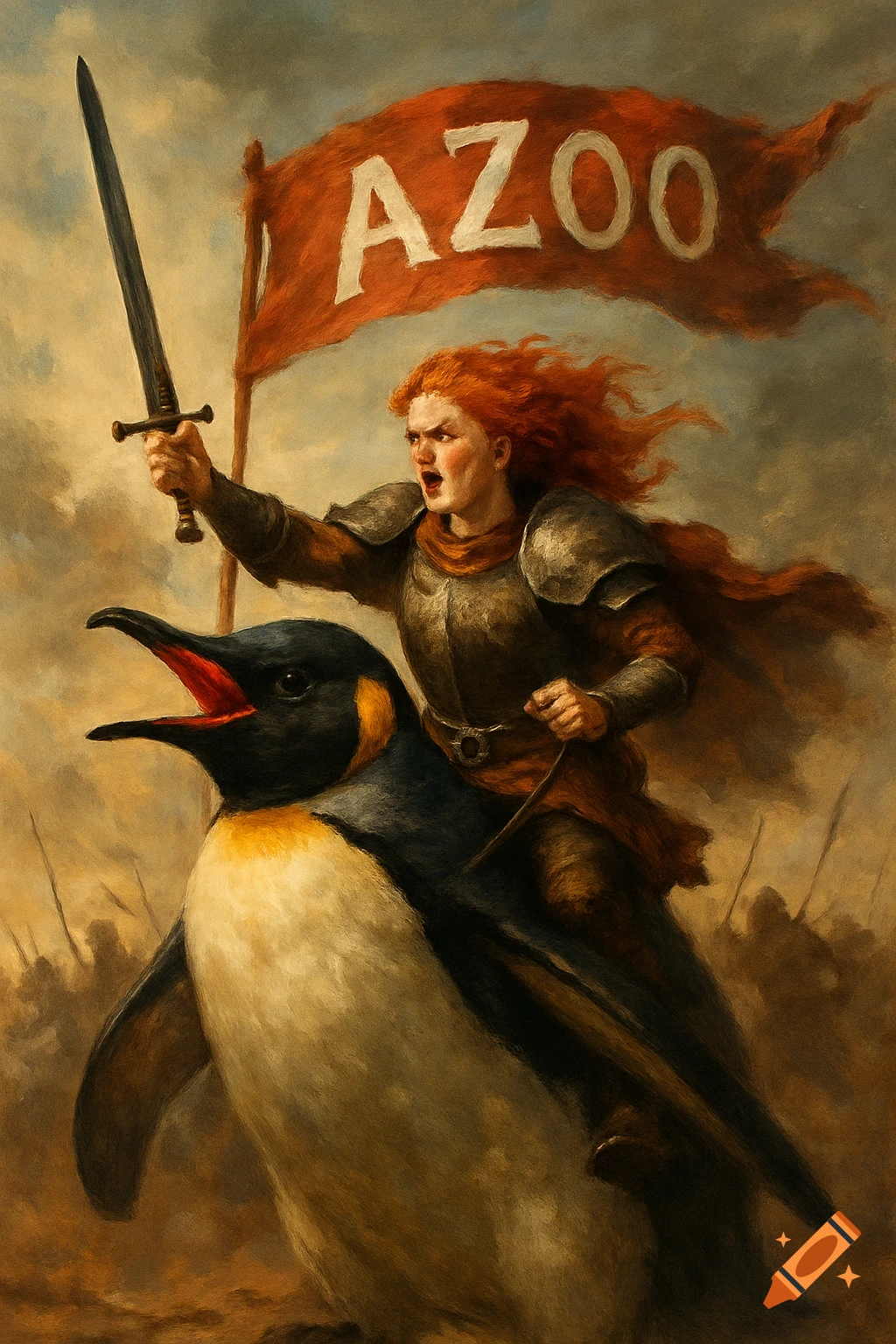 A red-headed warrior rides a giant penguin into battle, holding a sword and a flag with AZOO.