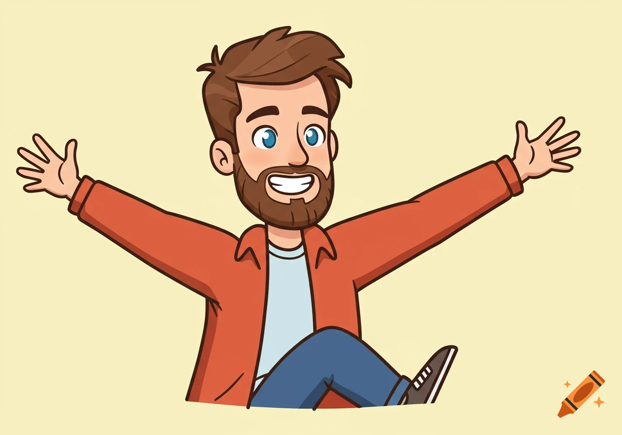 Clip art cartoon of a smiling man with beard and blue eyes, arms outstretched.