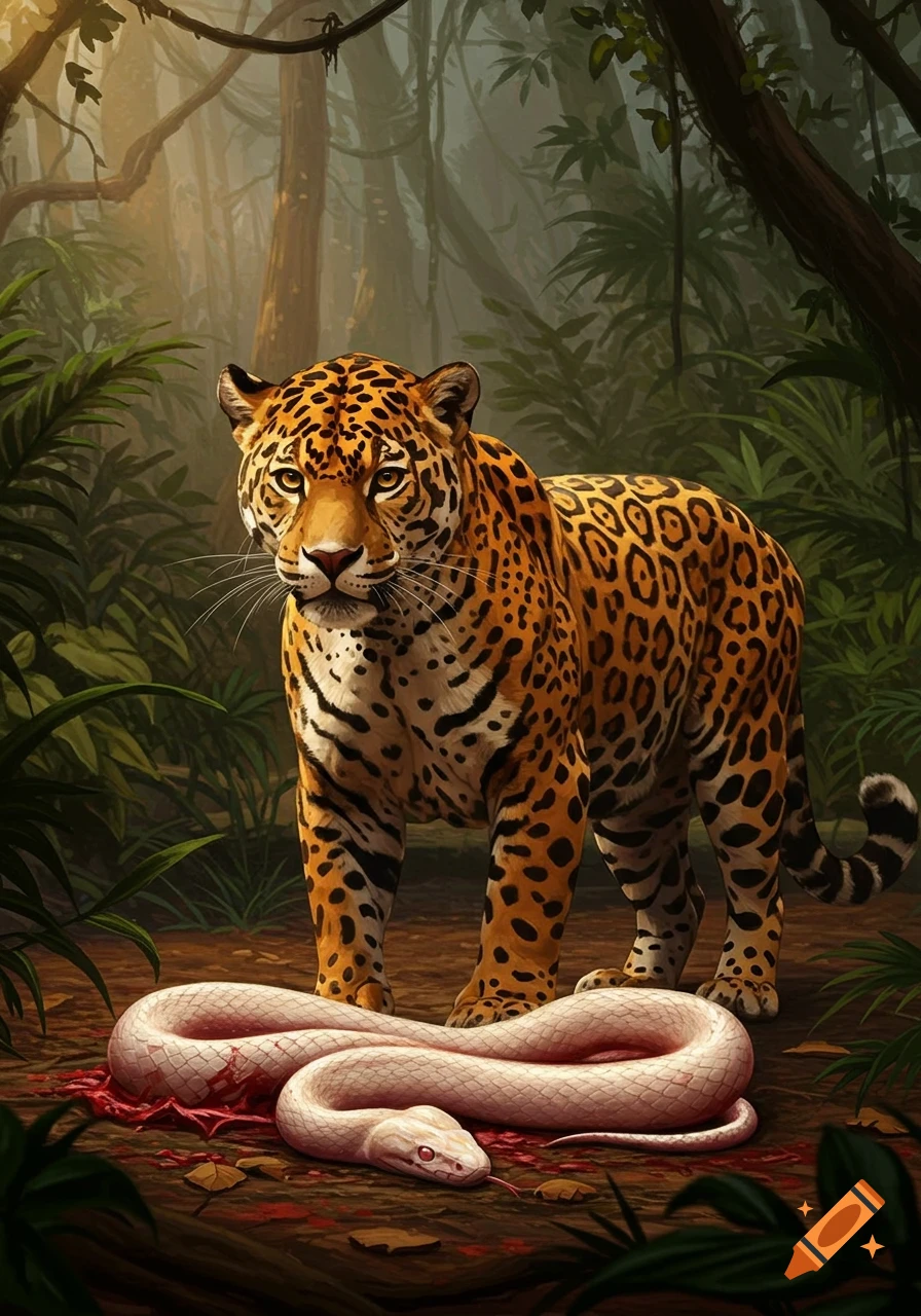 A jaguar stands over a dead white snake in a jungle.