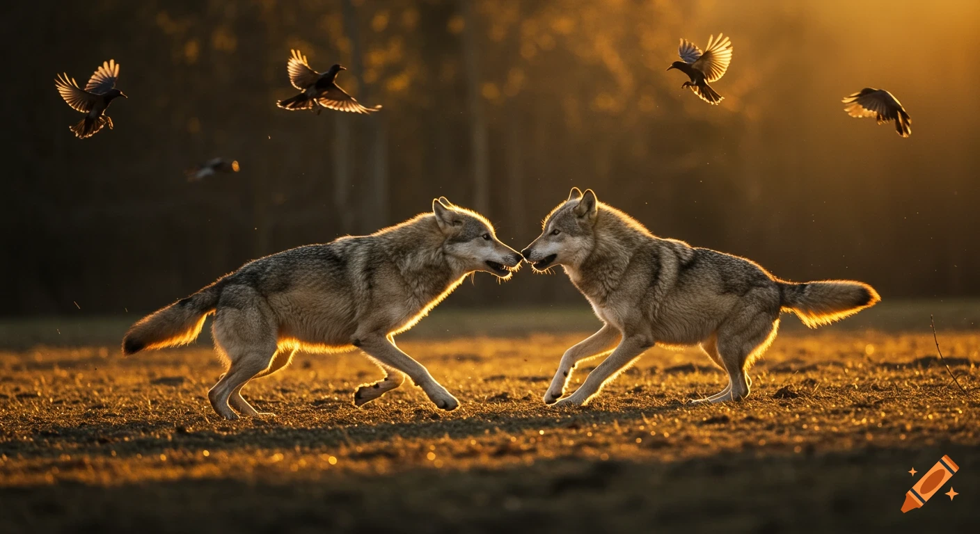Two wolves nose-to-nose in a field at golden hour, with birds flying overhead. Photorealistic style.