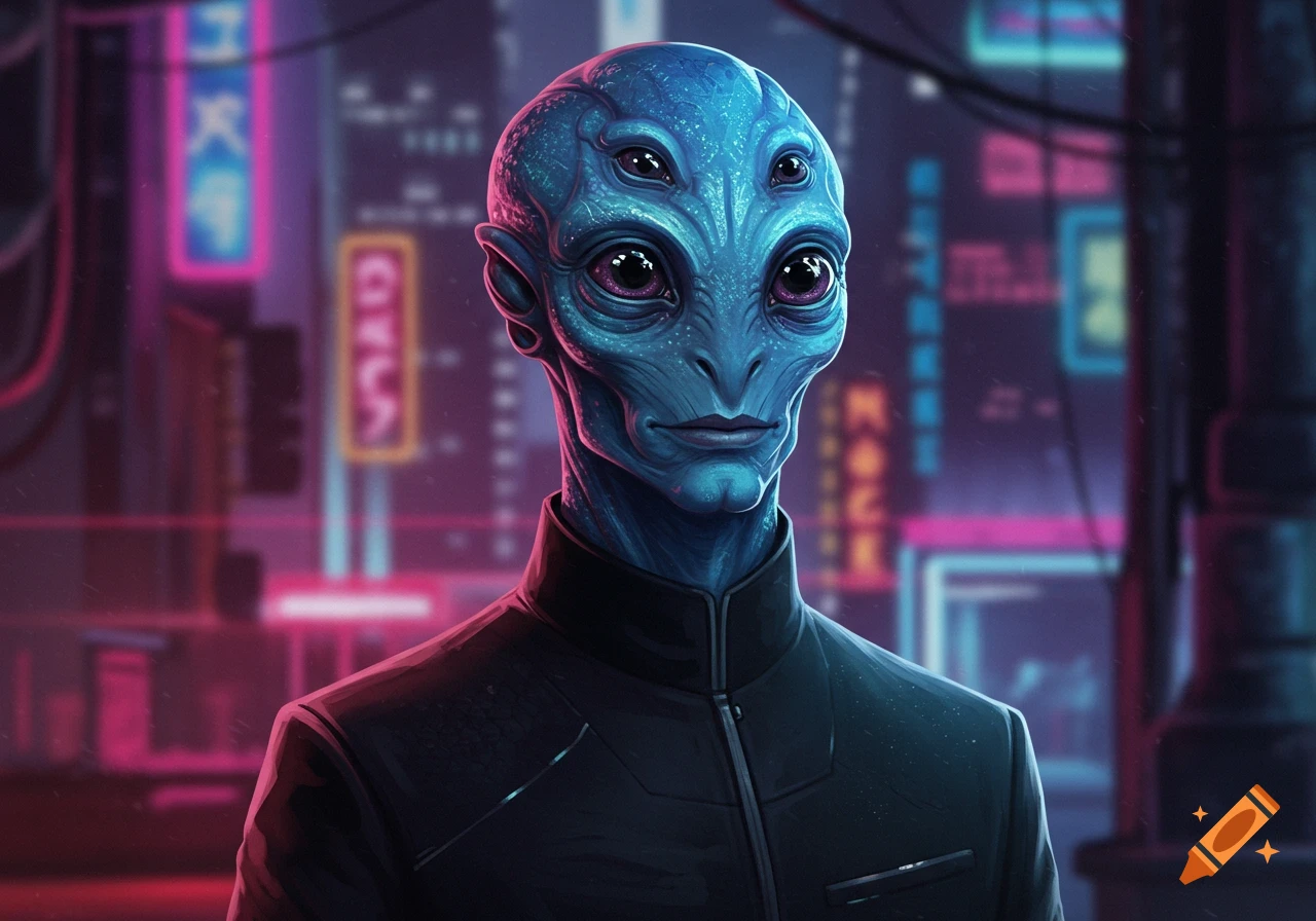 A blue-skinned alien with multiple eyes wears a black suit against a blurred, neon-lit cyberpunk city background.