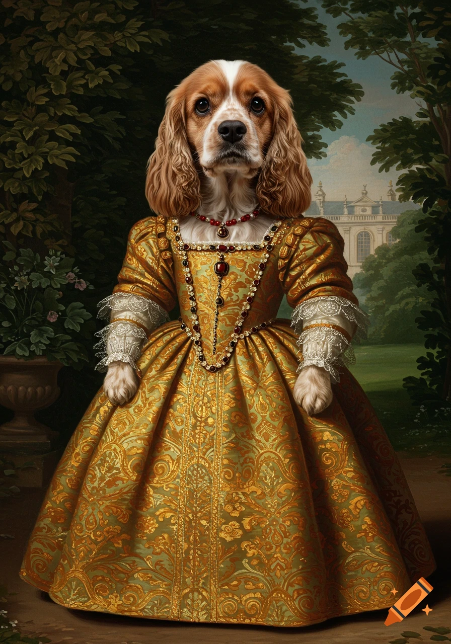 A cocker spaniel dog wearing an elaborate golden queen's dress and necklace, set in a garden like a historical portrait.