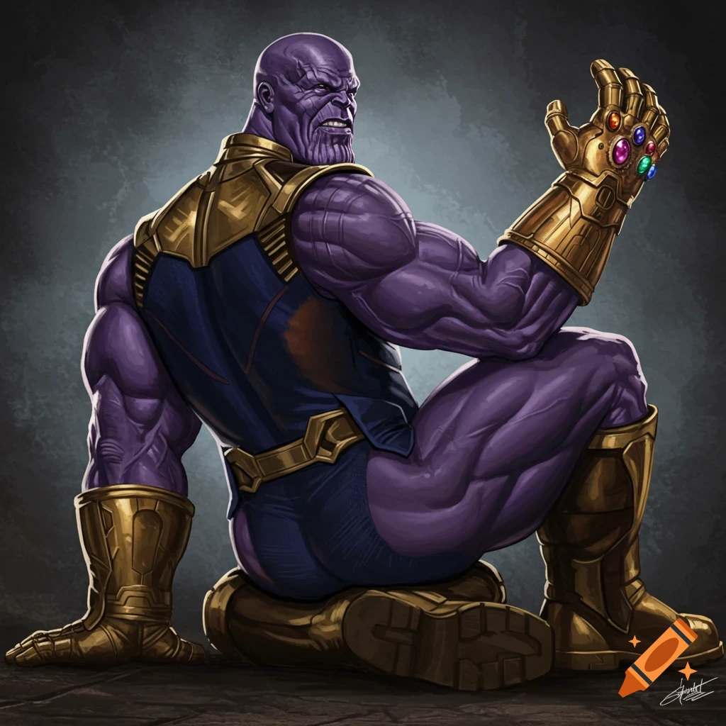 A muscular purple-skinned Thanos sits, wearing the Infinity Gauntlet.