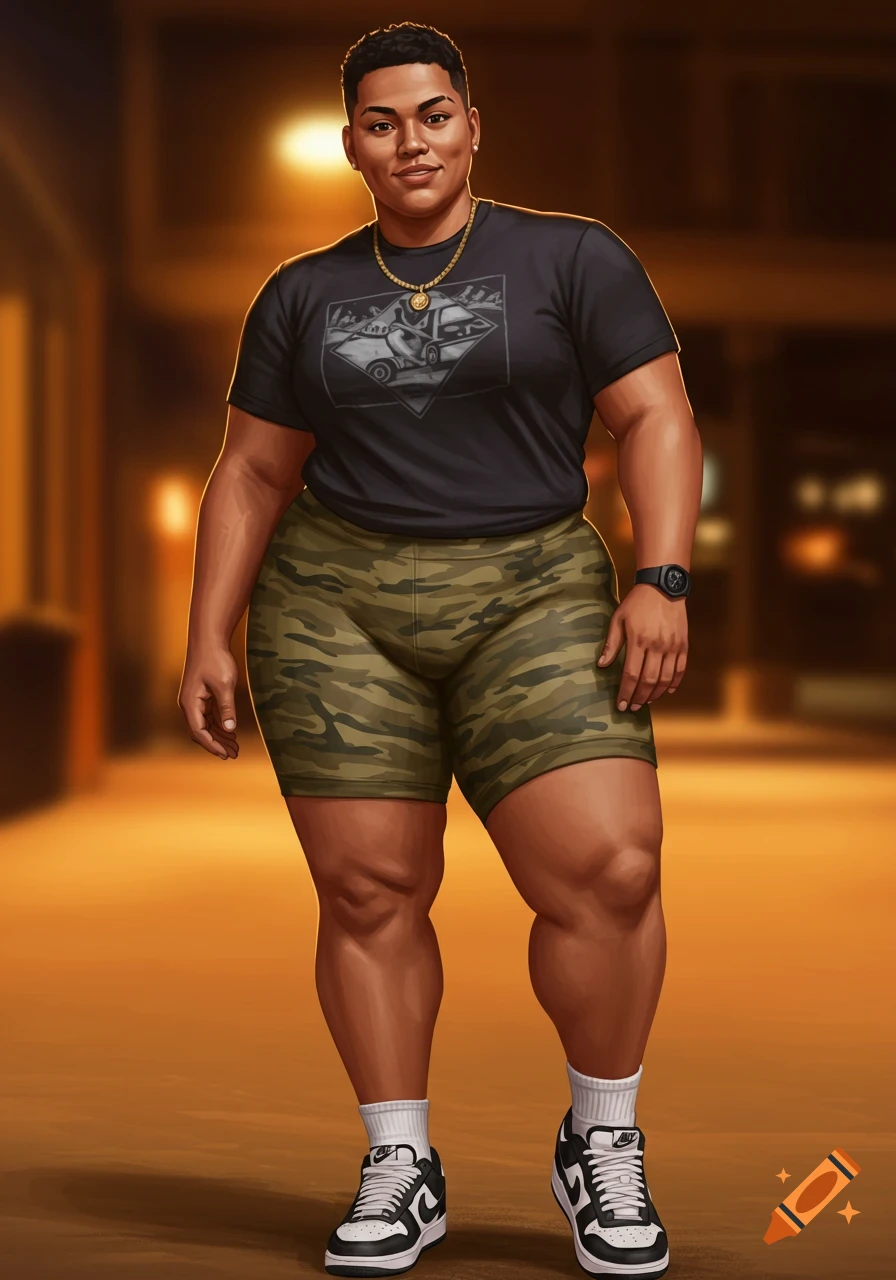 Plus size masculine woman in a black t-shirt, camo shorts, and sneakers standing in an urban setting.