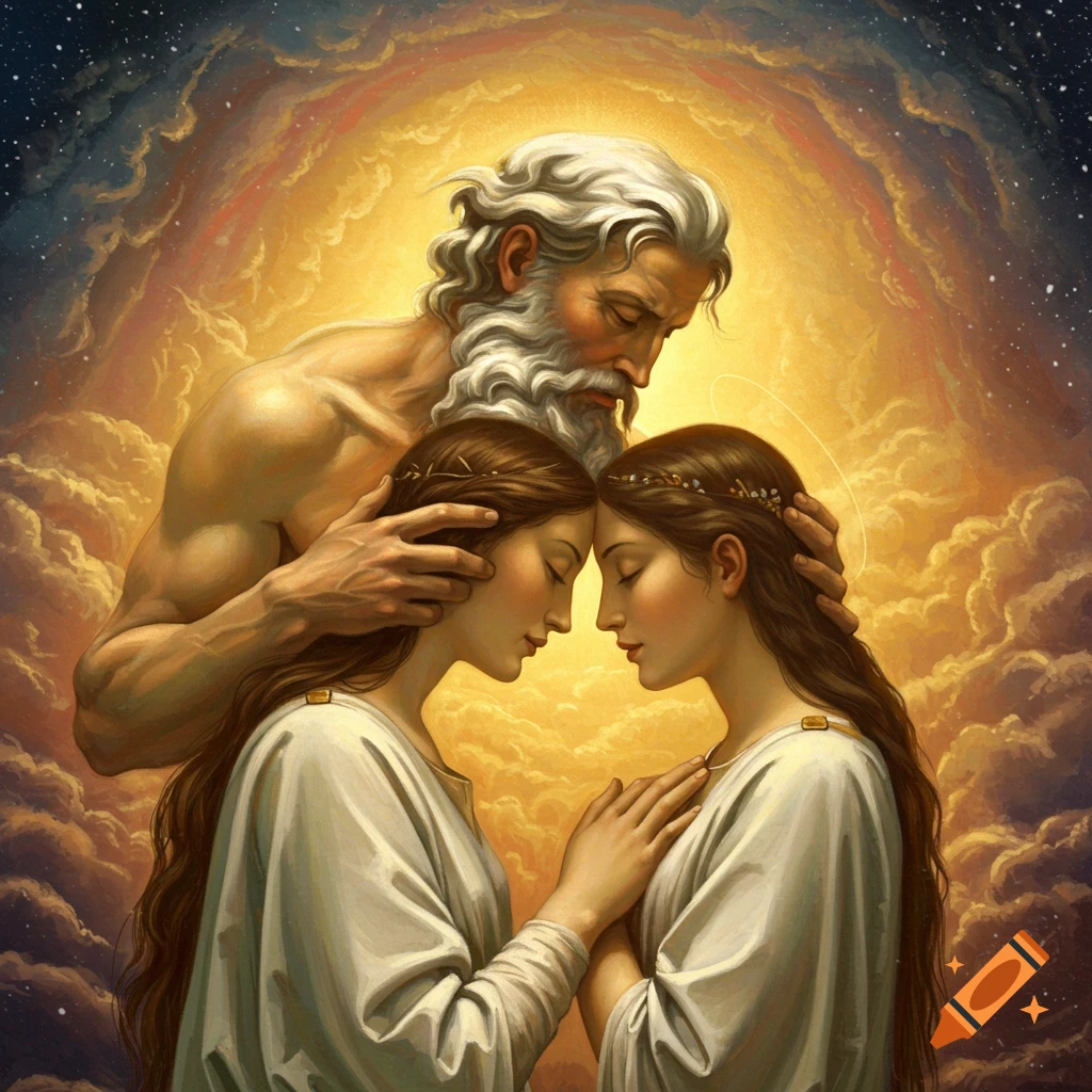 A divine figure with a white beard places hands on two women's heads in a heavenly light.