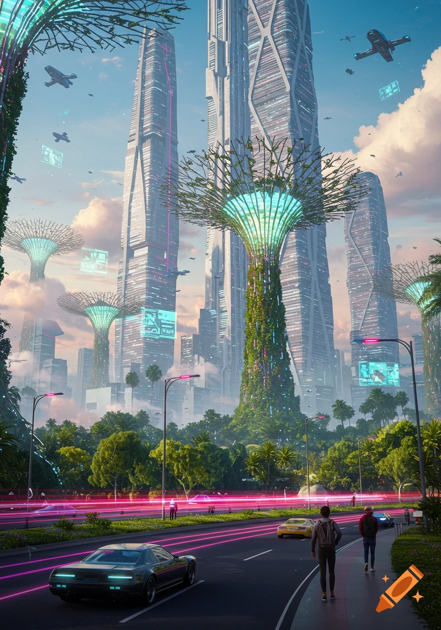 A futuristic city with tall buildings, glowing supertrees, flying vehicles, and light trails on a road.