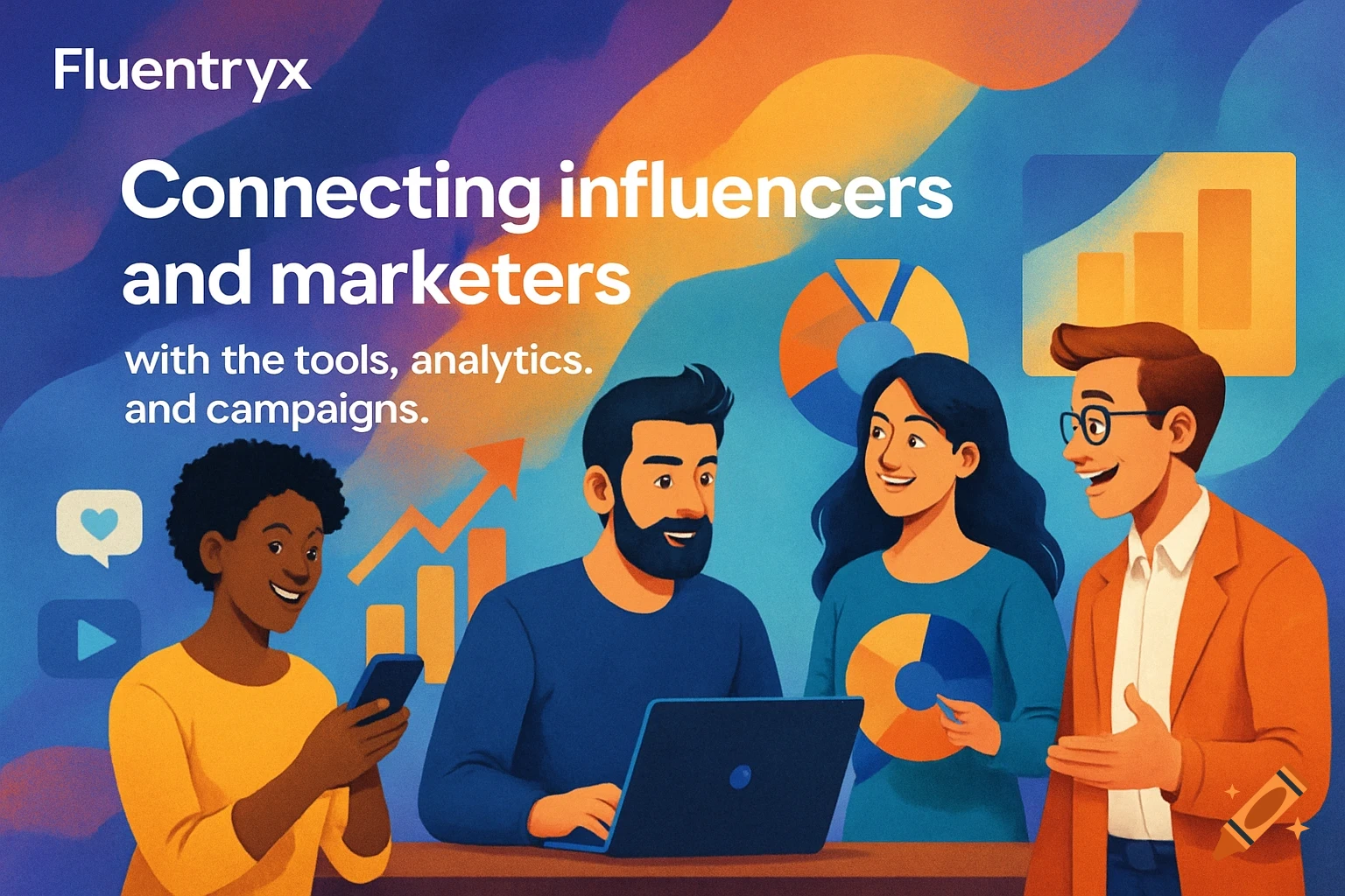 Digital illustration of people with charts and text about connecting influencers and marketers.