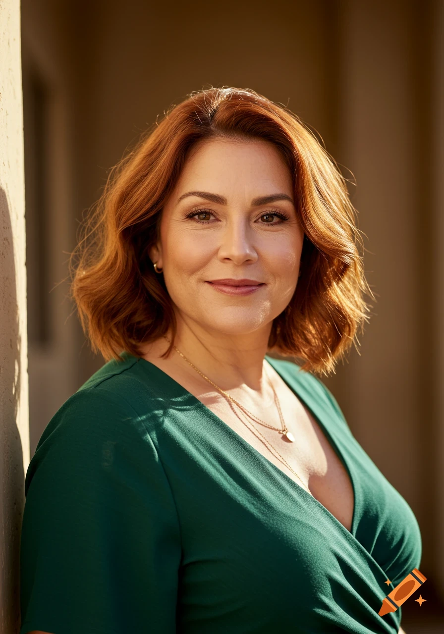 A photorealistic portrait of a woman with red hair wearing a green dress, lit by sunlight.