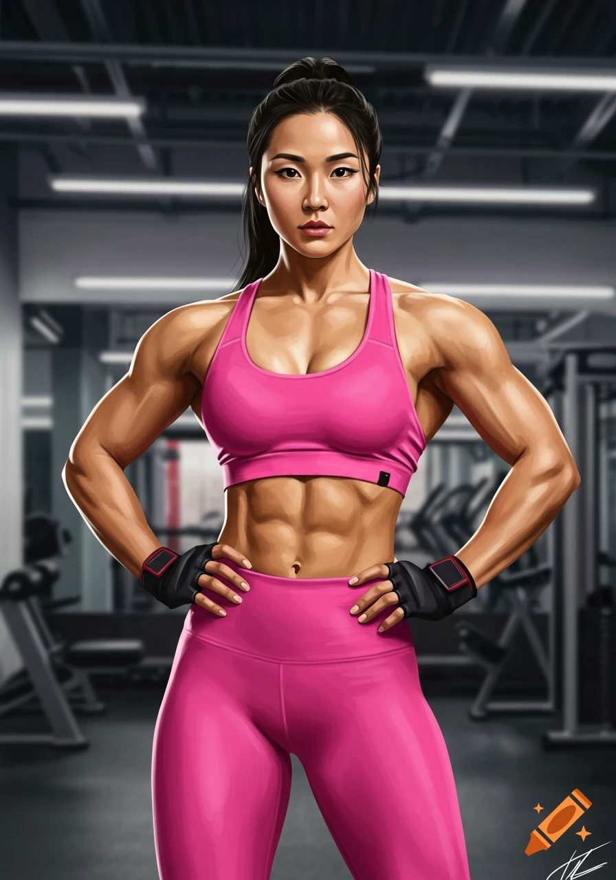 A muscular woman in pink gym gear stands in a gym with her hands on her hips.