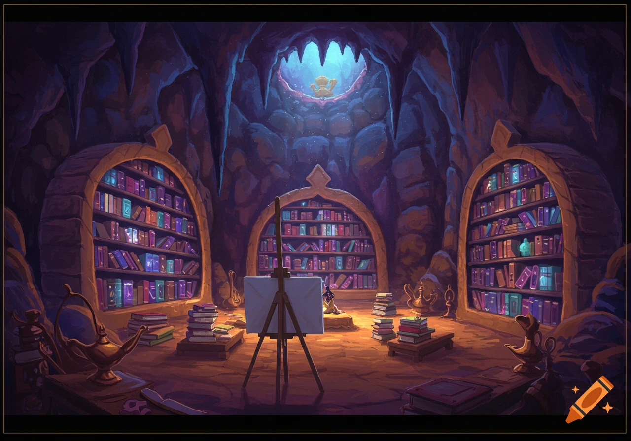 A cave library with arched bookshelves, an easel, books, and a genie lamp.