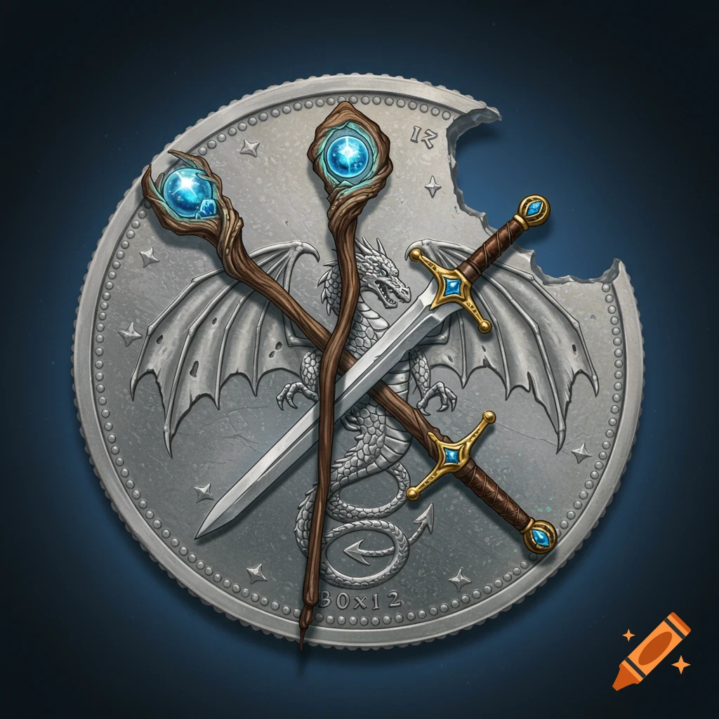 A fantasy image of a silver coin featuring a dragon, crossed sword and staff, and a bite mark.