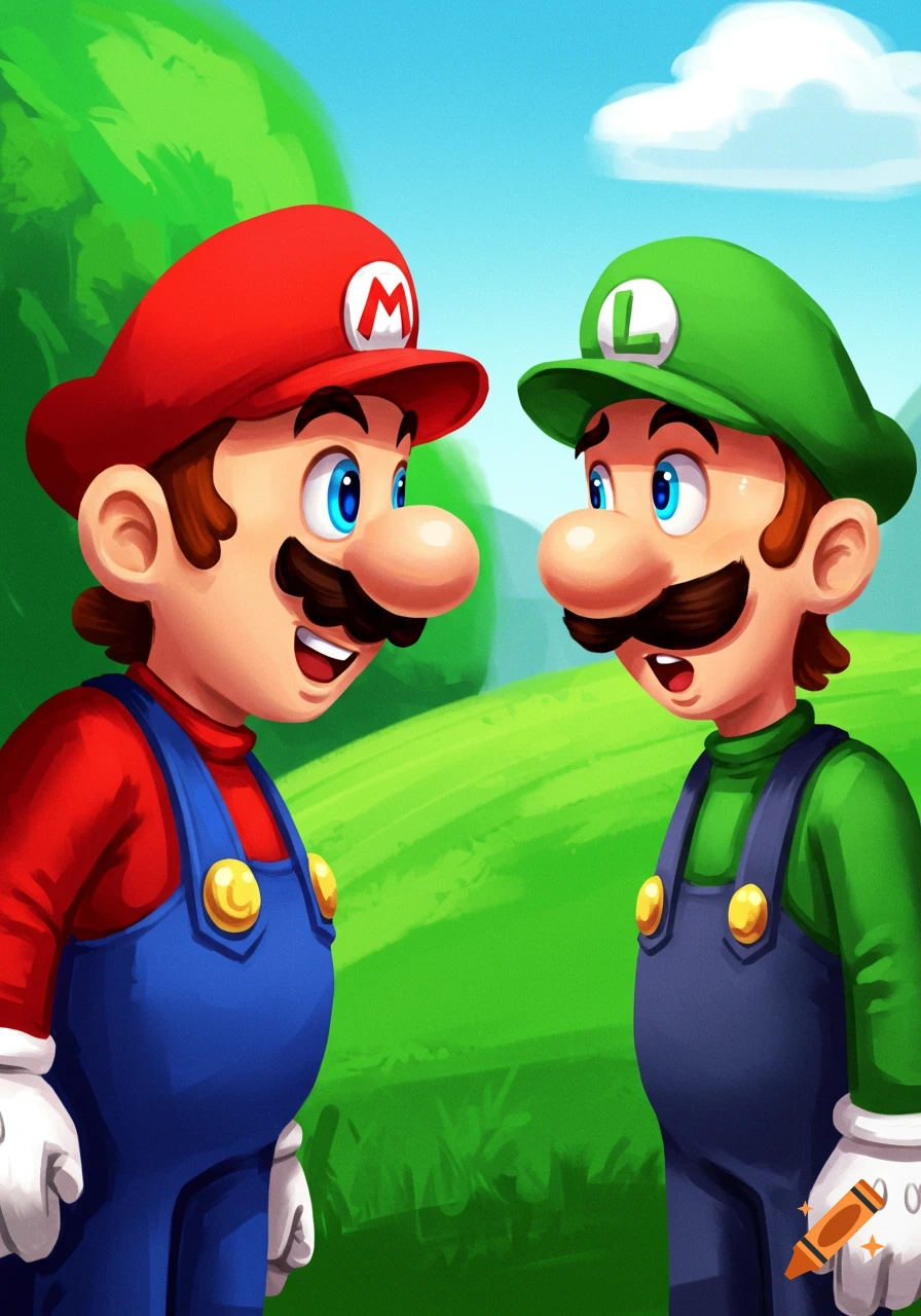 Mario and Luigi talking in a grassy landscape.