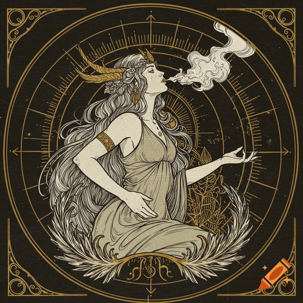 Stylized illustration of a mythical oracle figure breathing smoke within a decorative circular frame.