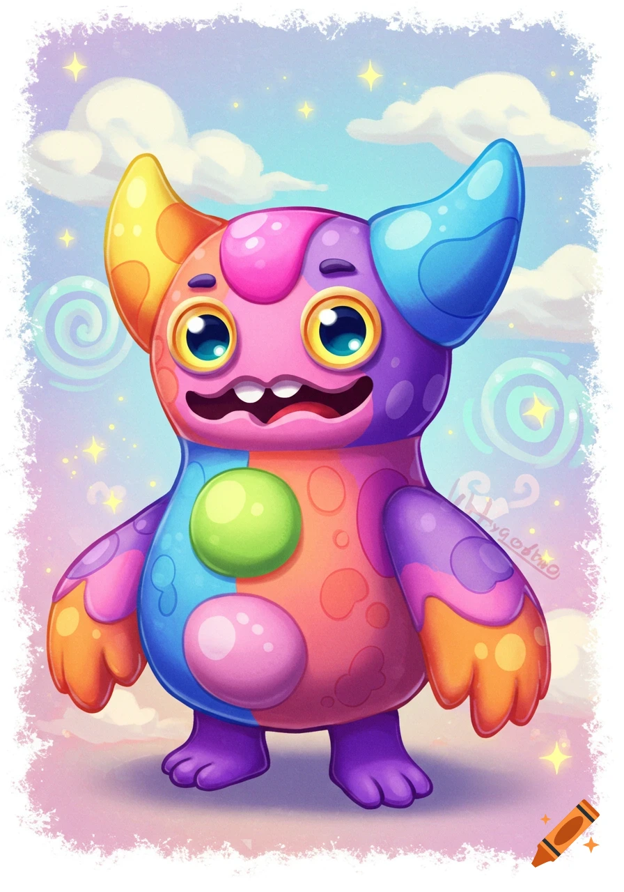 A colorful, cartoon monster with big eyes and floppy ears in a cloudy sky.