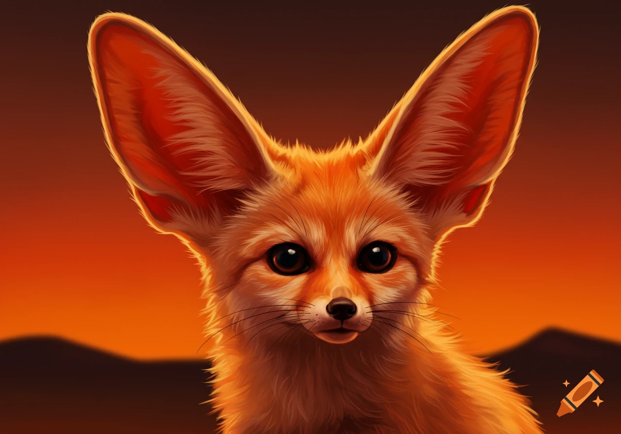A fennec fox portrait with a sunset background