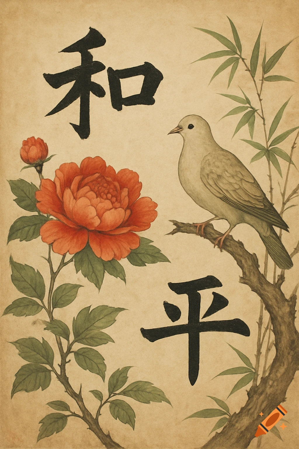 A bird perches on a branch, near a vibrant peony and elegant bamboo stalks. Chinese characters for 'peace' are inscribed.