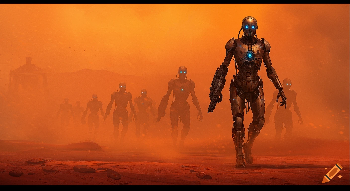 A line of automaton robotic warriors walking through a dust storm on Mars.