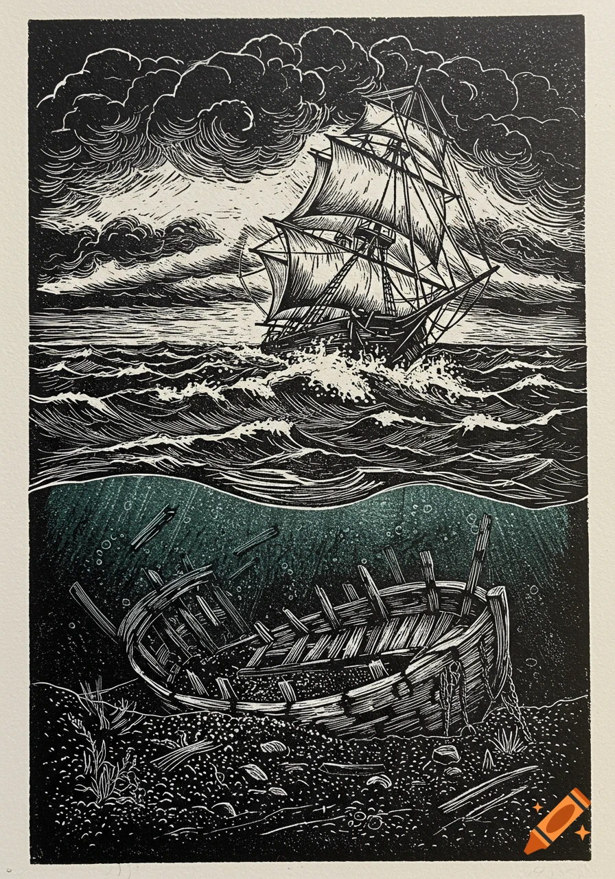 Linocut print of a ship on stormy seas above a shipwreck below the water.