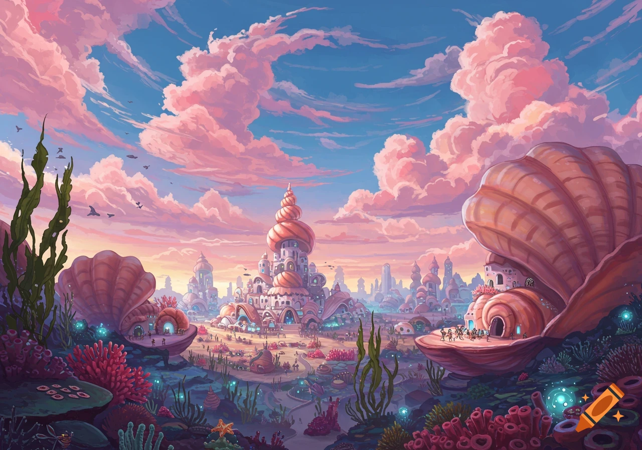A vibrant fantasy city built from large seashells under a colorful sky with pink clouds.