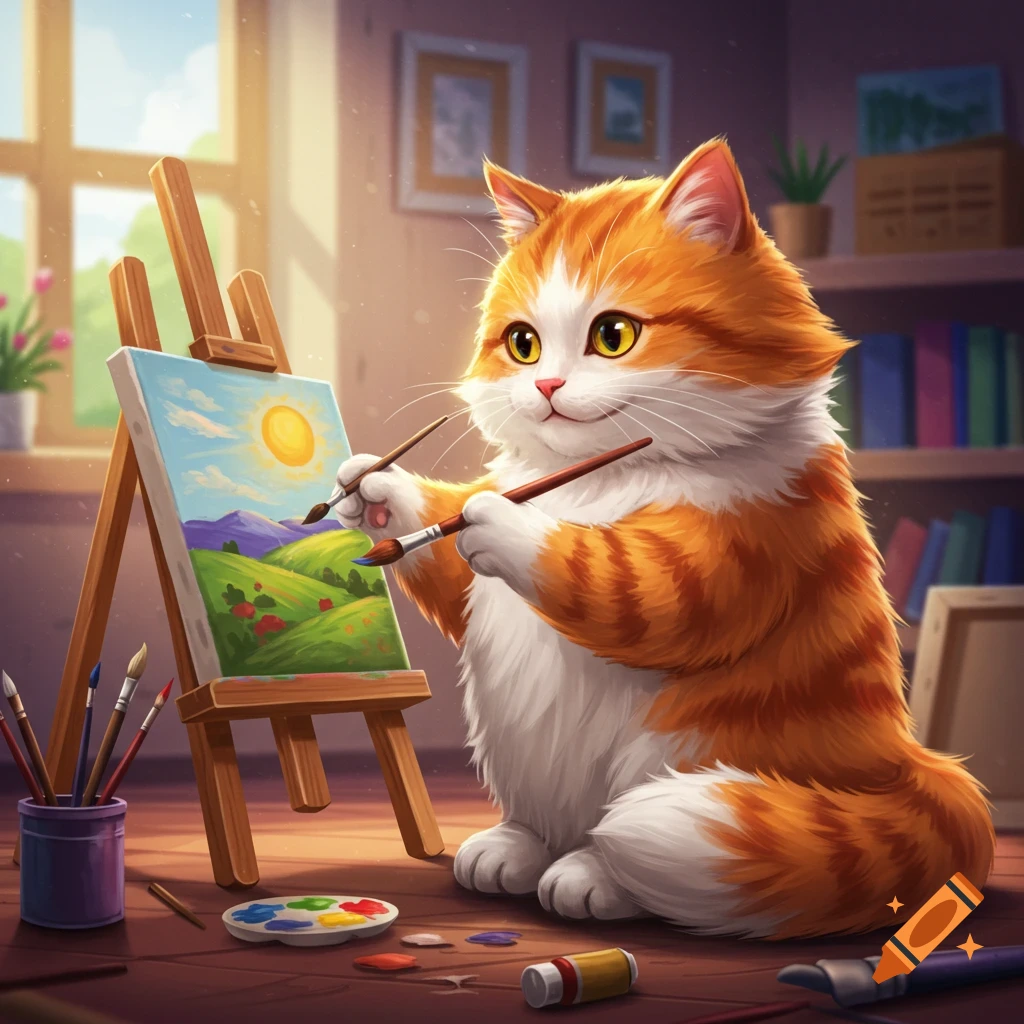 A cute orange and white cat sits at an easel, painting a landscape picture.
