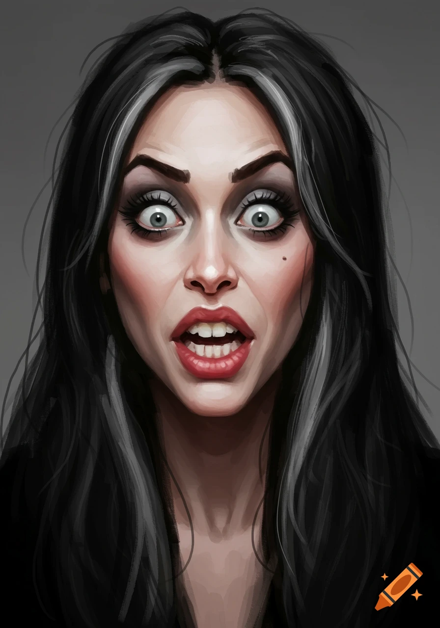 A woman with dark hair and grey streaks, wide eyes, and an open mouth.