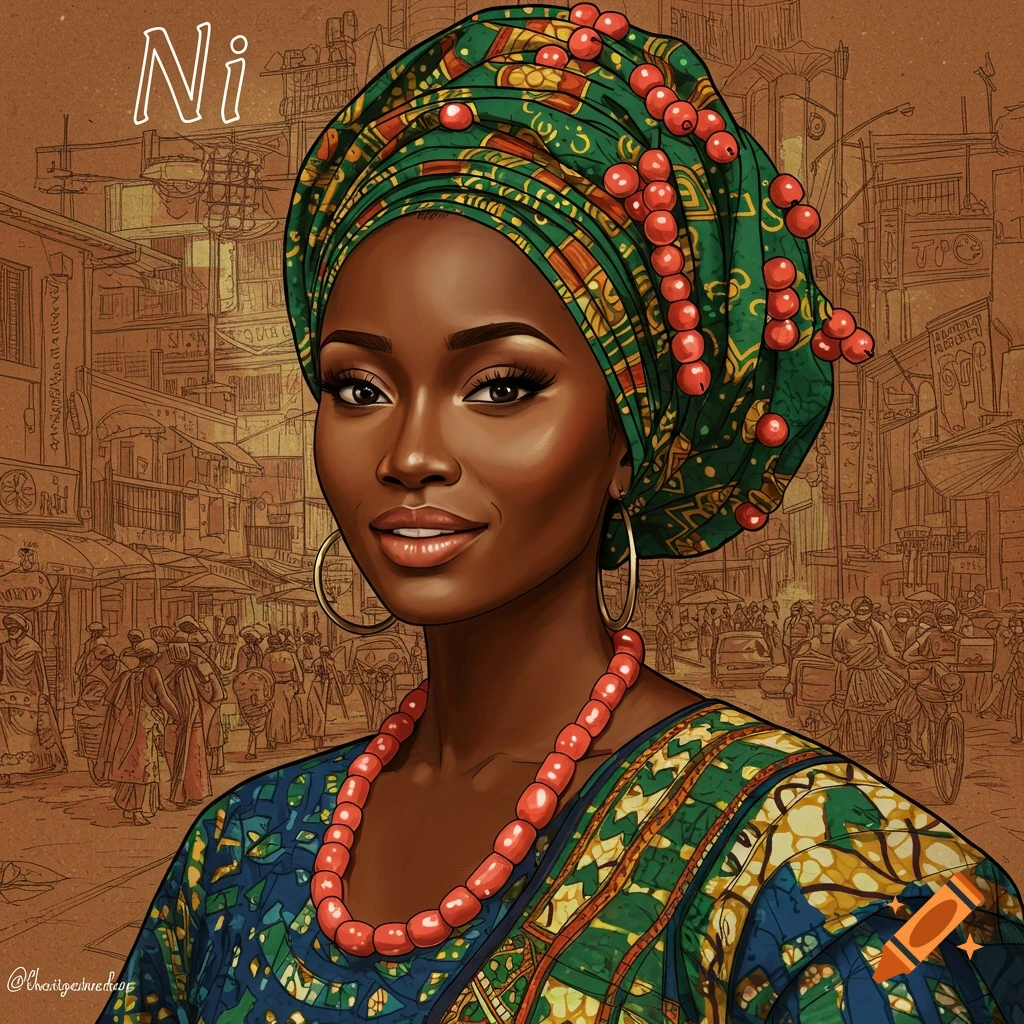 Painting of a woman in traditional African clothing and headwrap smiling, with a busy city street in the background.