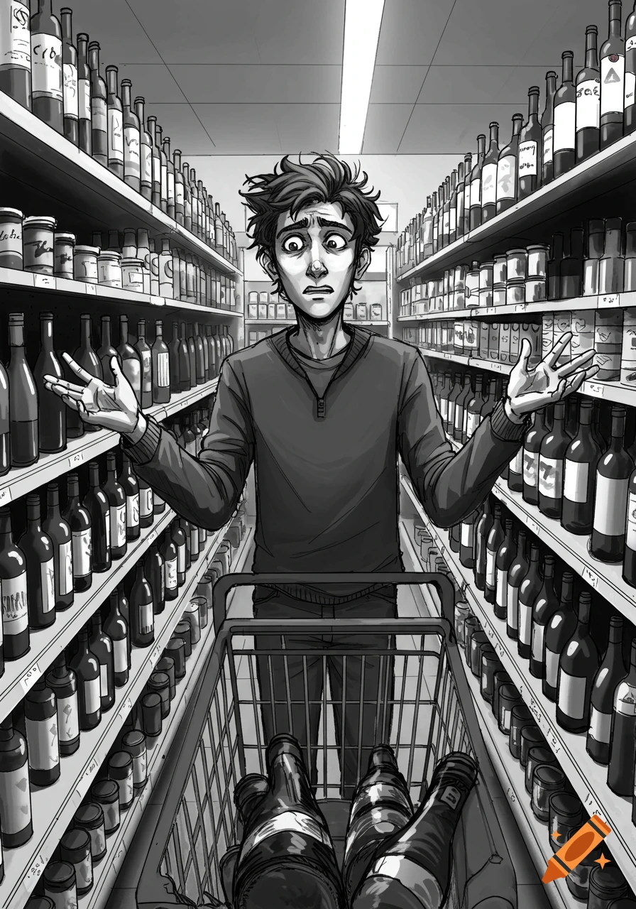 Black and white illustration of an overwhelmed person standing in a grocery store wine aisle with a shopping cart.