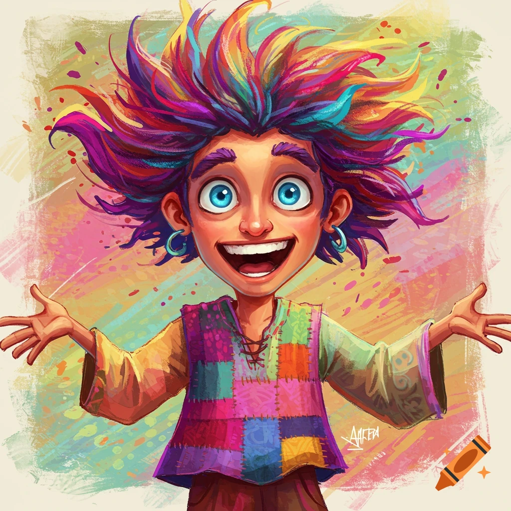 Colorful cartoon character with wild rainbow hair and patchwork vest, arms open, digital art style.