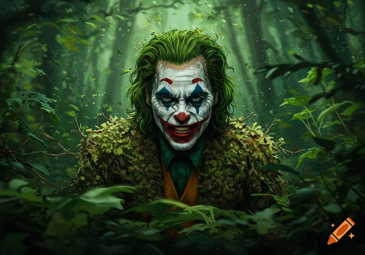 The Joker in a ghillie suit in a forest.
