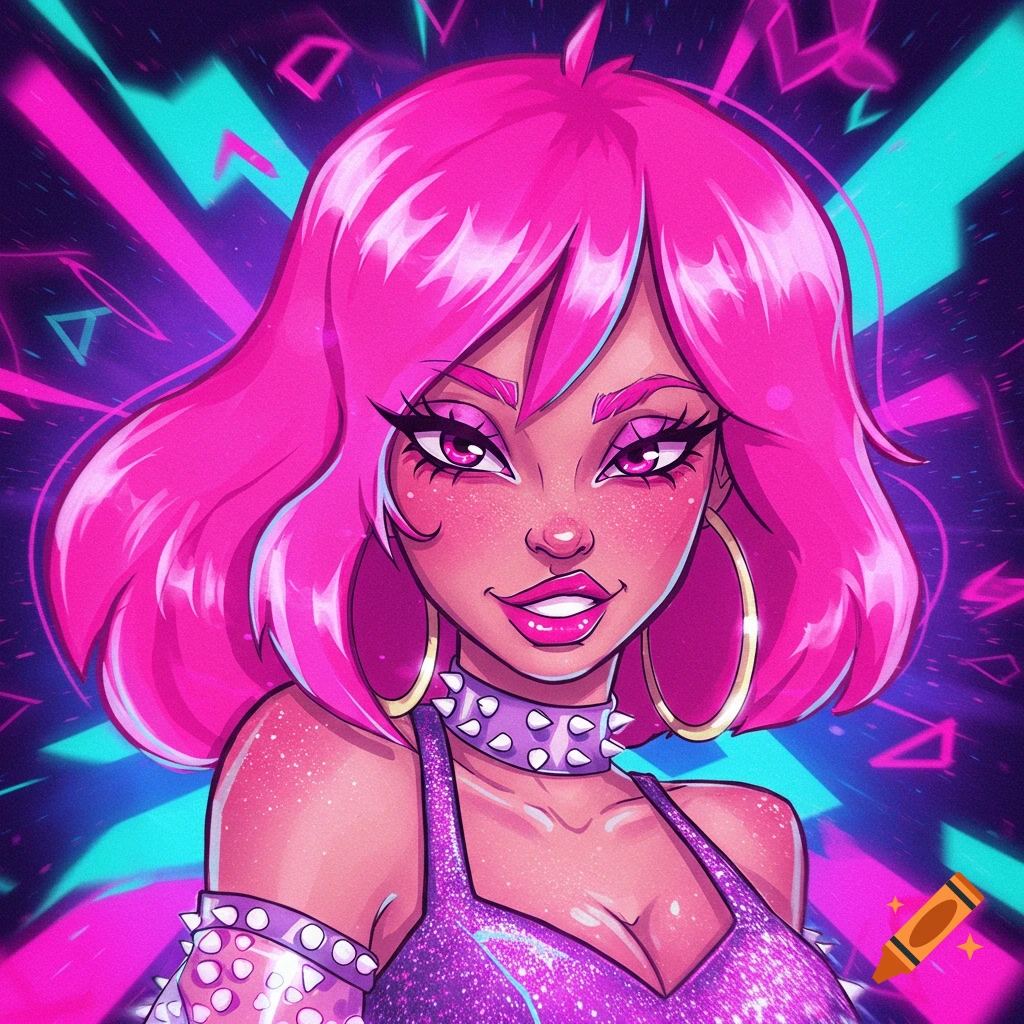 Stylized image of a woman with pink hair, purple sparkly top, and hoop earrings against a neon background.
