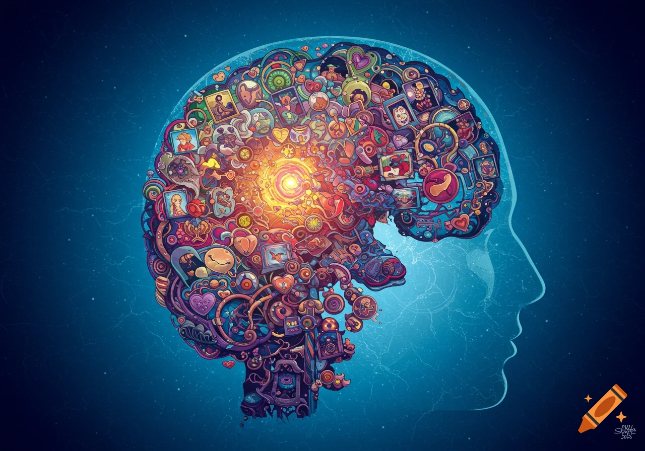 Detailed, colorful illustration of a human brain outline filled with swirling patterns and symbols representing thoughts, with a bright light in the center.
