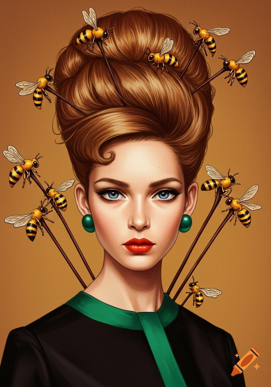 A woman with a beehive hairdo adorned with bees on sticks.