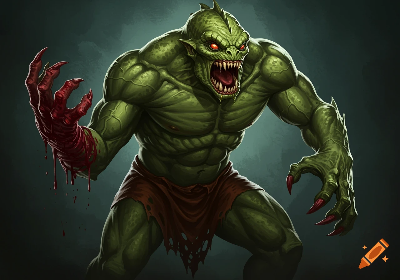 A muscular green monster with red eyes, sharp teeth, and a bloody hand