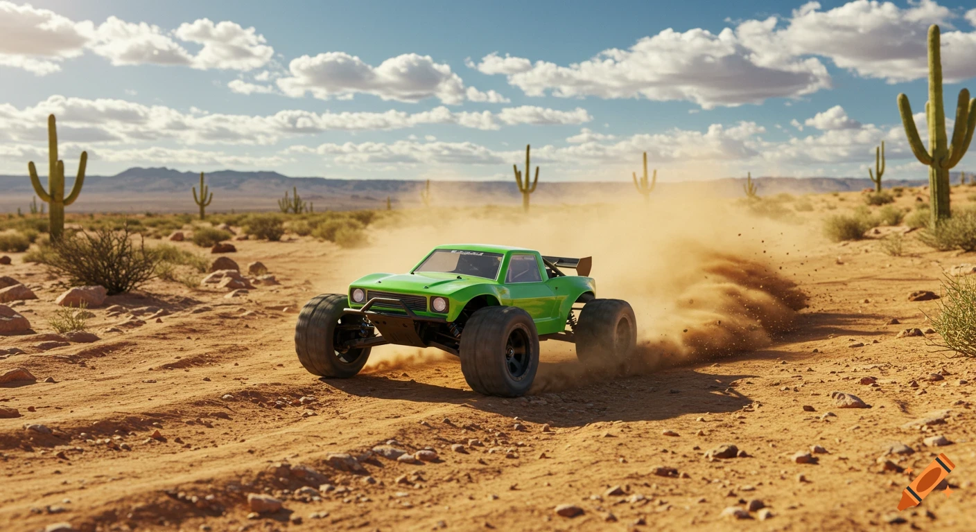 Green RC car drifts on a dirt track in a sunny desert landscape with cacti, stirring up dust (photorealistic).