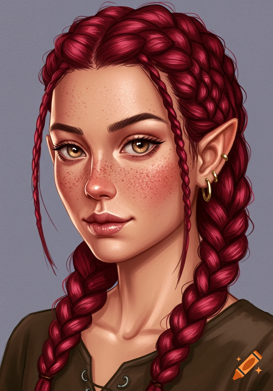 A portrait of a young woman with red braided hair, freckles, and pointed ears.