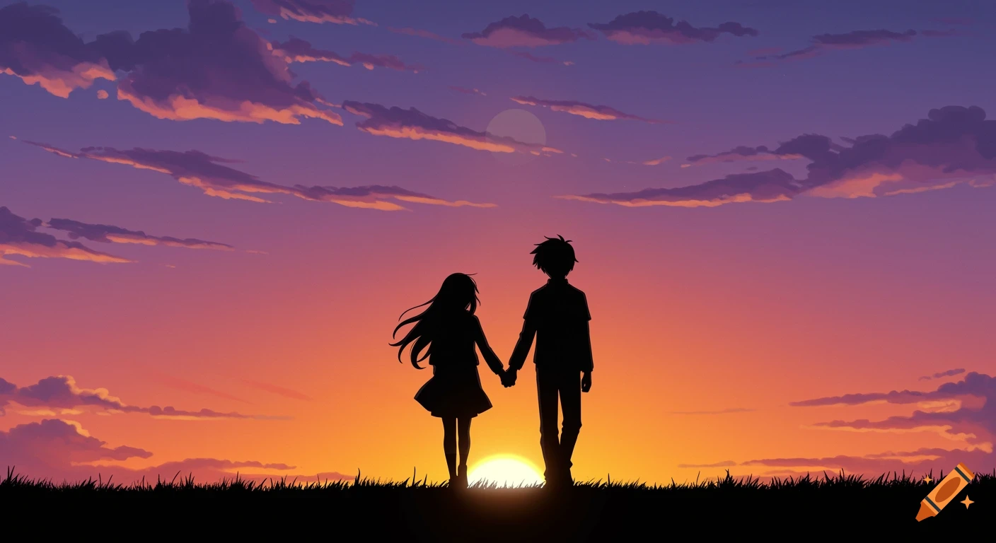 Silhouette of a couple holding hands walking towards a colorful anime sunset.