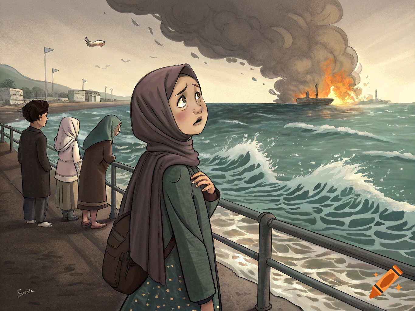Illustrated scene of sad people watching a burning ship at sea.