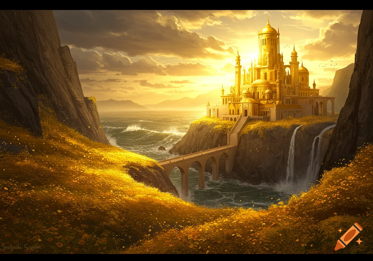 A golden palace on cliffs overlooks a stormy ocean, surrounded by golden flowers.