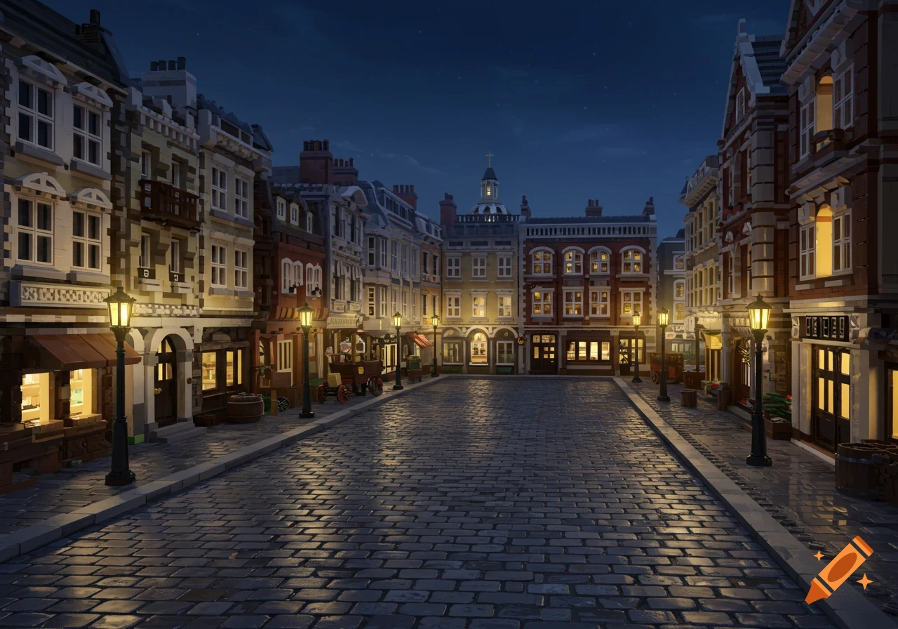 A LEGO rendition of an empty Victorian London street at night.