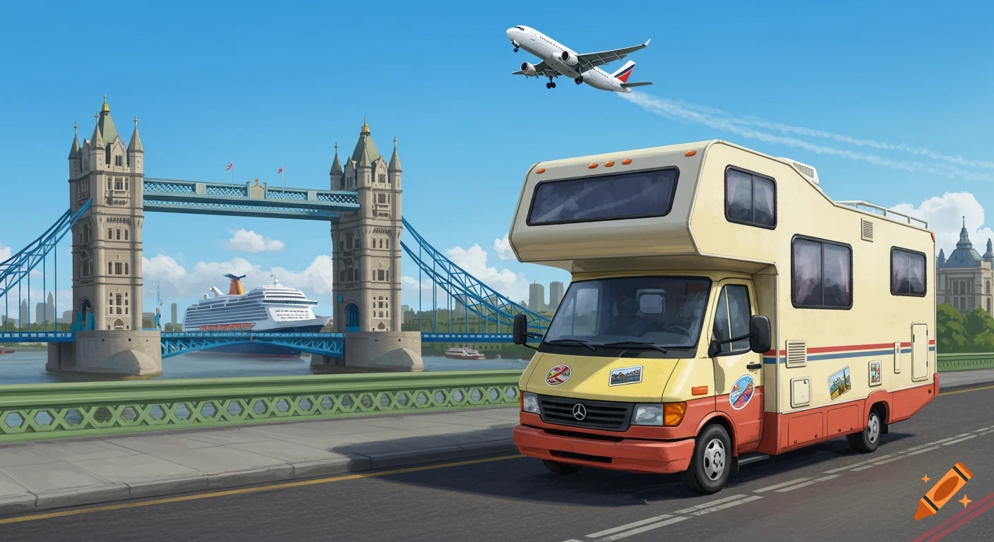 An RV driving with Tower Bridge, cruise ship, and airplane in background.
