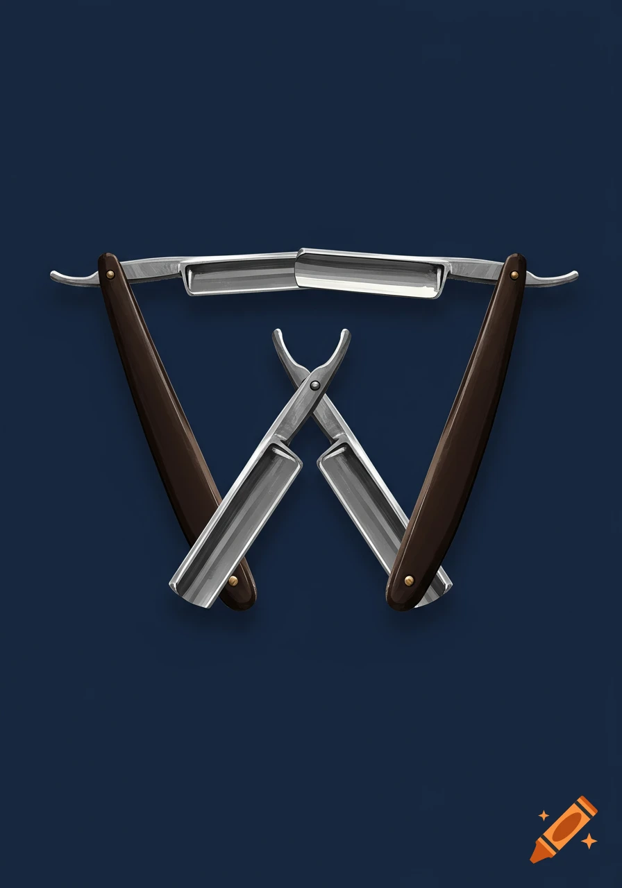 Barber straight razors are arranged in the shape of the letter W on a dark blue background.