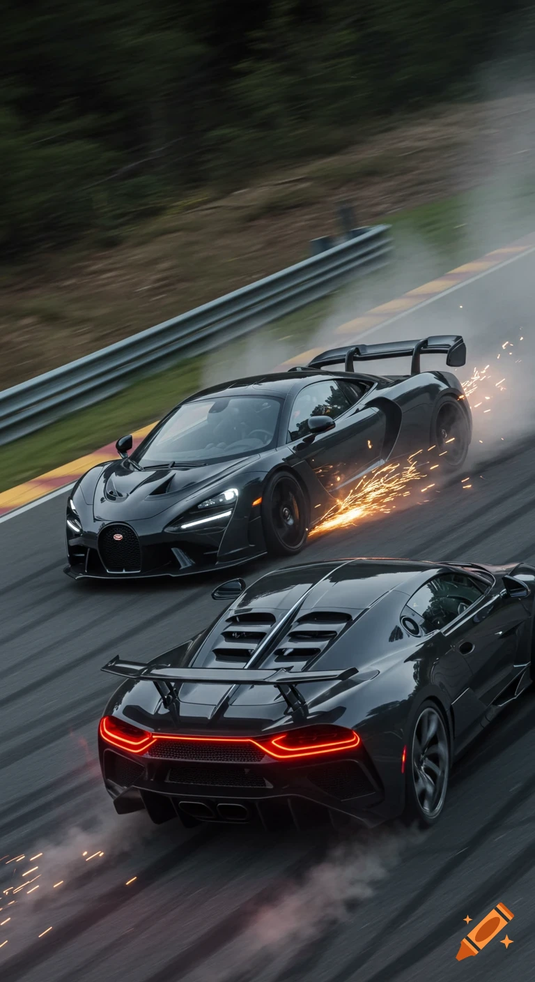 Two dark sports cars race on a wet track, one trailing sparks. Photorealistic style.